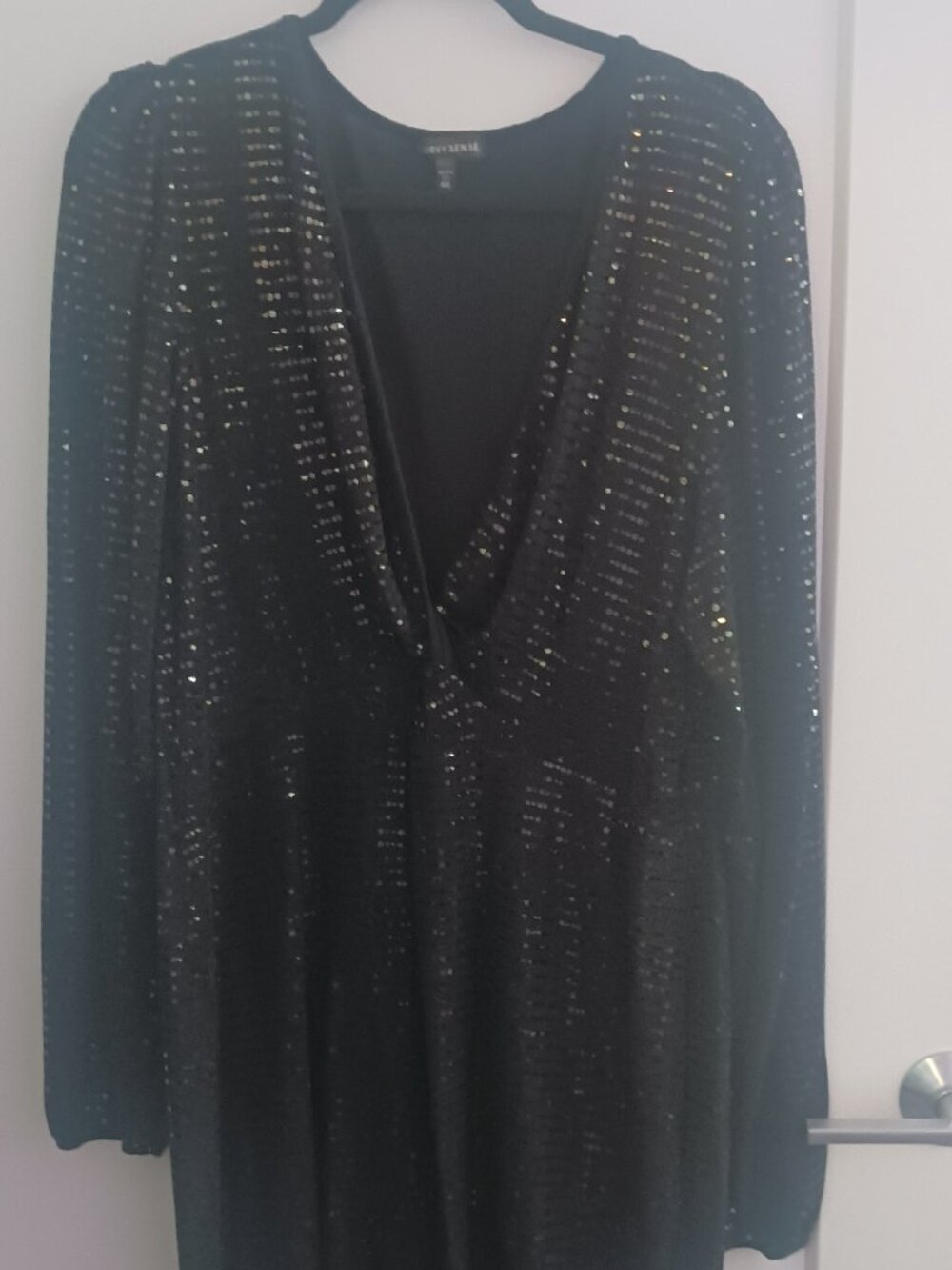 Black Long Sleeve Sequin V Neck Dress